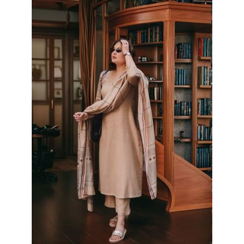ANNI DESIGNER Women's Rayon Blend Solid Straight Kurta with Pant & Dupatta (Raja Saab Beige-VKS04_L_Beige_Large)