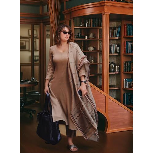 ANNI DESIGNER Women's Rayon Blend Solid Straight Kurta with Pant & Dupatta (Raja Saab Beige-VKS04_L_Beige_Large)