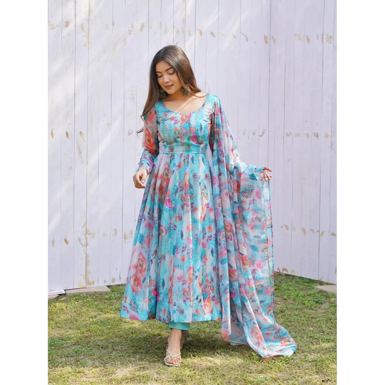 Wedani Women Floral Print Anarkali Kurta with Pant and Duptta (X-Large, Blue)