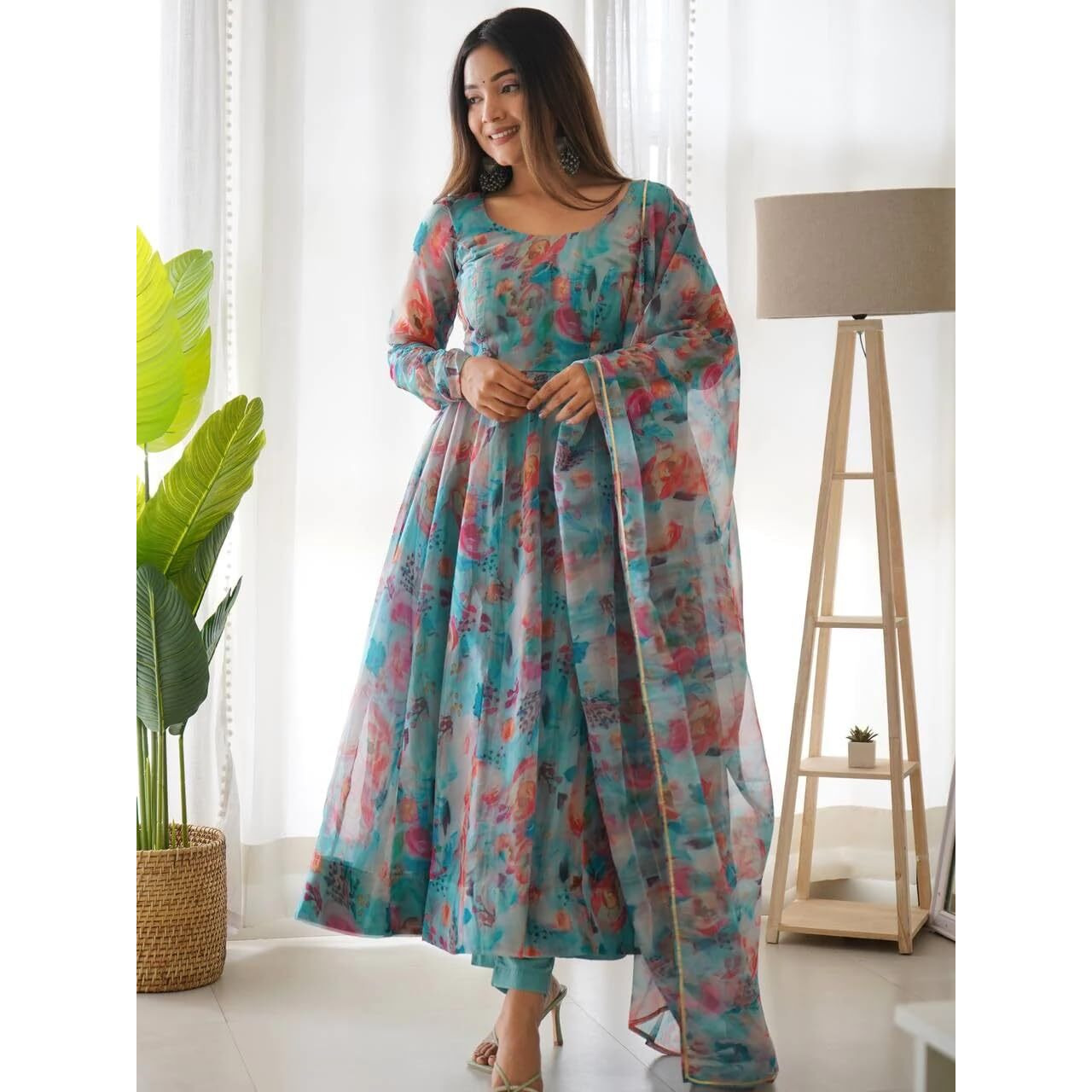 Wedani Women Floral Print Anarkali Kurta with Pant and Duptta (X-Large, Blue)