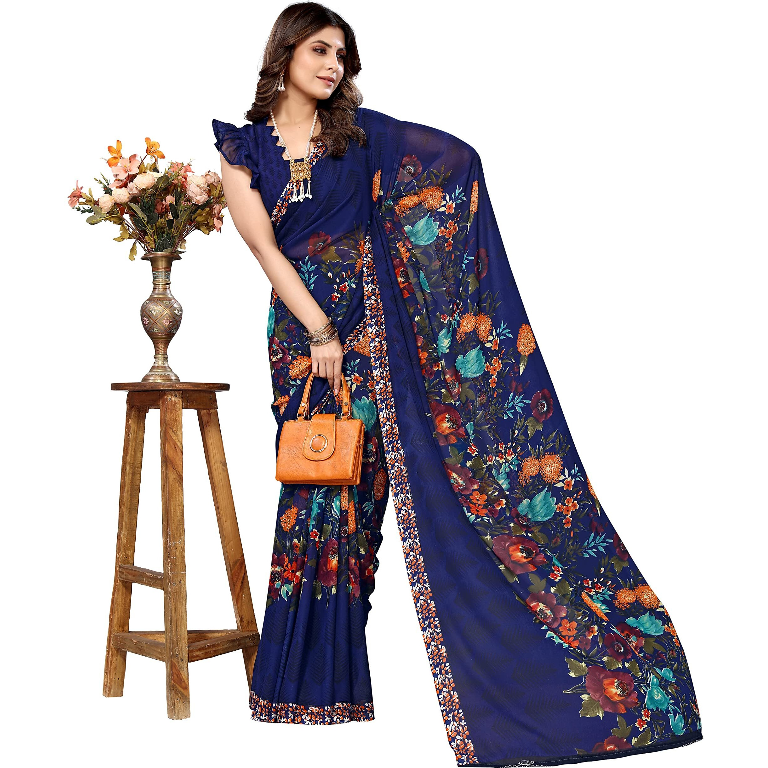 Yashika Women's Georgette Printed Saree with Blouse Piece (Power Blue) Blue03