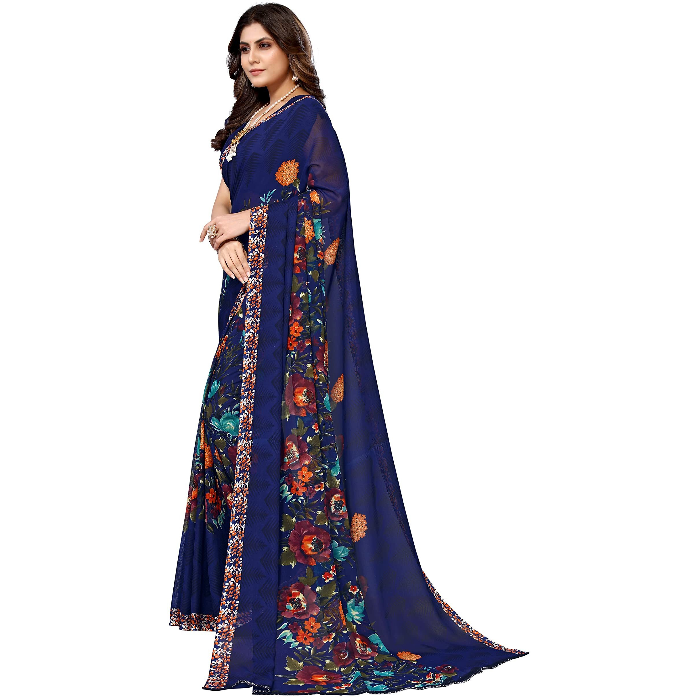 Yashika Women's Georgette Printed Saree with Blouse Piece (Power Blue) Blue03