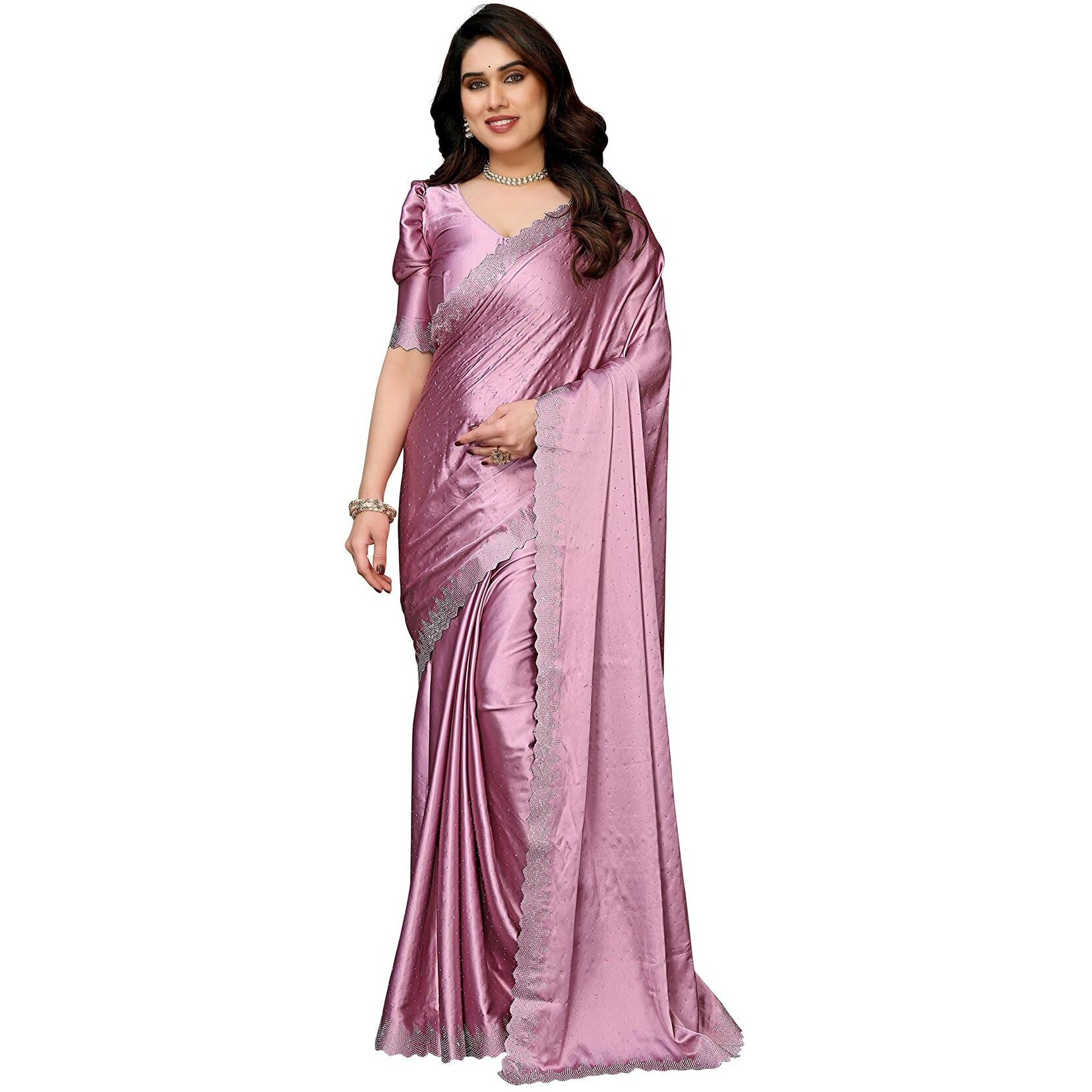 Yashika Women's Hot Fix Solid Color Satin Moss Saree with Unstitched Blouse Material (AZ-YS-OG1-PINTU-Parent_Pink)
