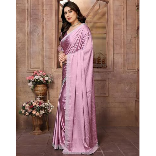 Yashika Women's Hot Fix Solid Color Satin Moss Saree with Unstitched Blouse Material (AZ-YS-OG1-PINTU-Parent_Pink)