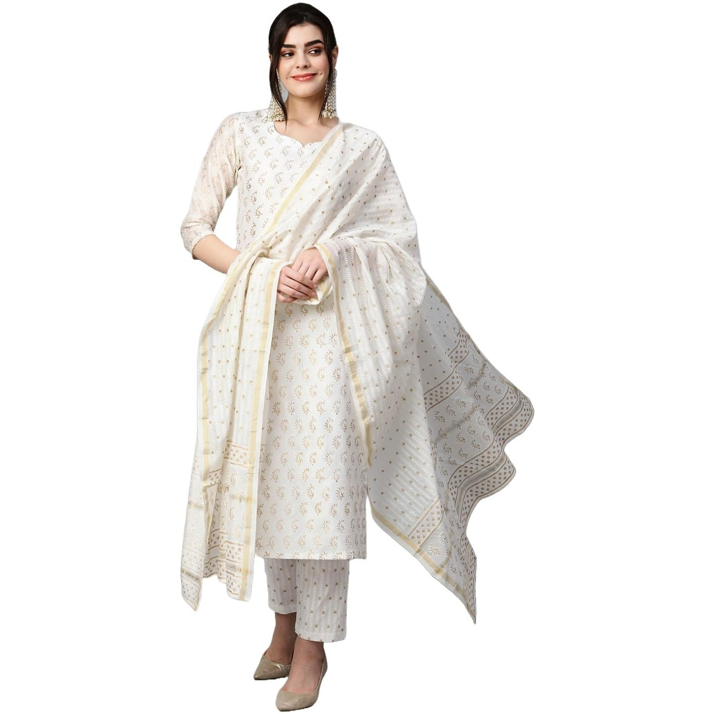 ANNI DESIGNER Women's Cotton Blend Straight Printed Kurta with Pant & Dupatta (Saligram Cream_L_Cream_Large)