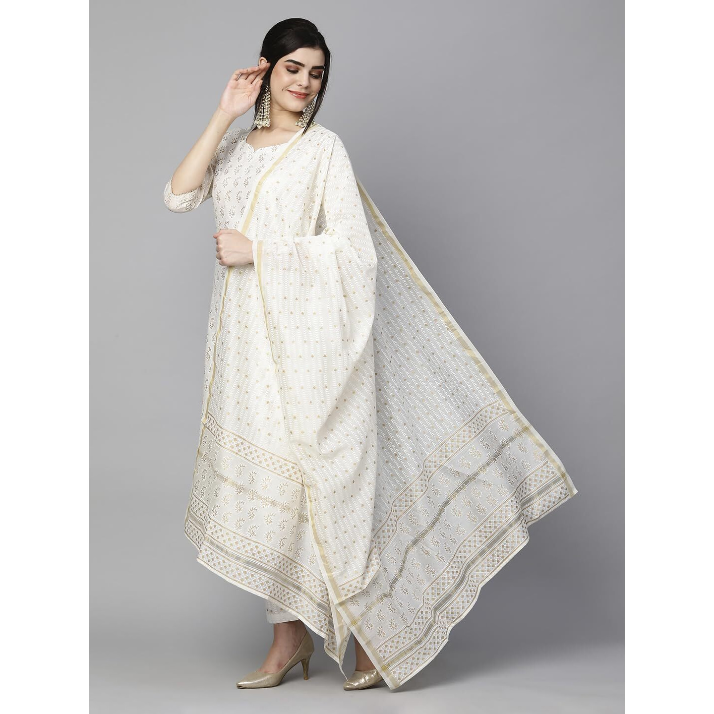 ANNI DESIGNER Women's Cotton Blend Straight Printed Kurta with Pant & Dupatta (Saligram Cream_L_Cream_Large)