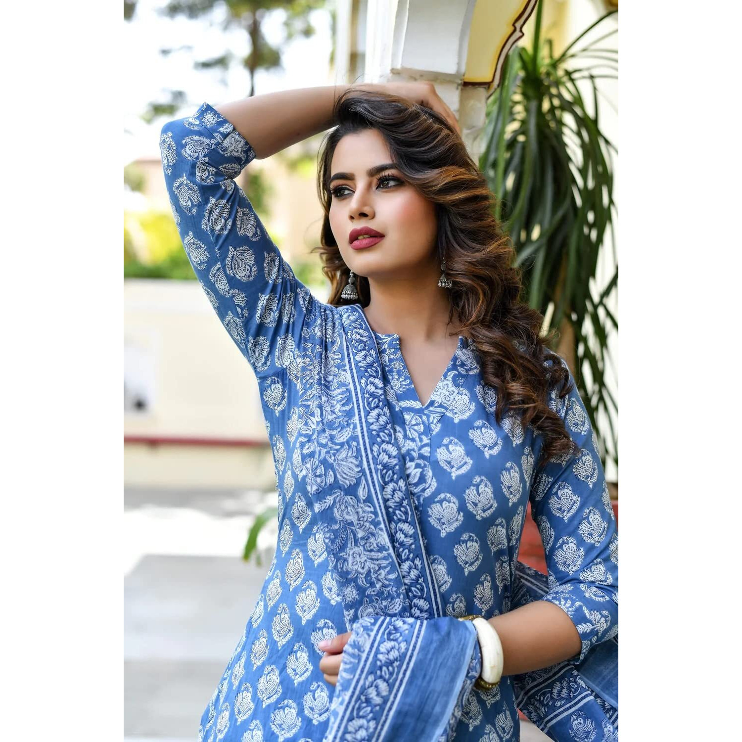 KLOSIA Women Printed Kurta and Pant Suit Set with Dupatta (Medium) Sky Blue