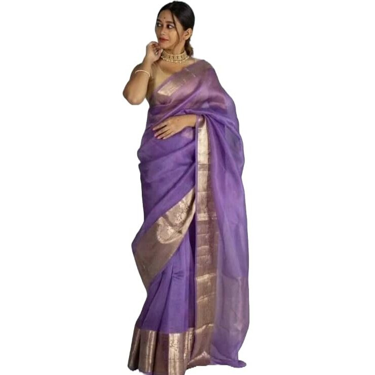 Yashika Women's Plain Organza Saree with Floral Woven Border and Unstitched Blouse Material (AZ-YS-OG1-ORGANZA Voilet