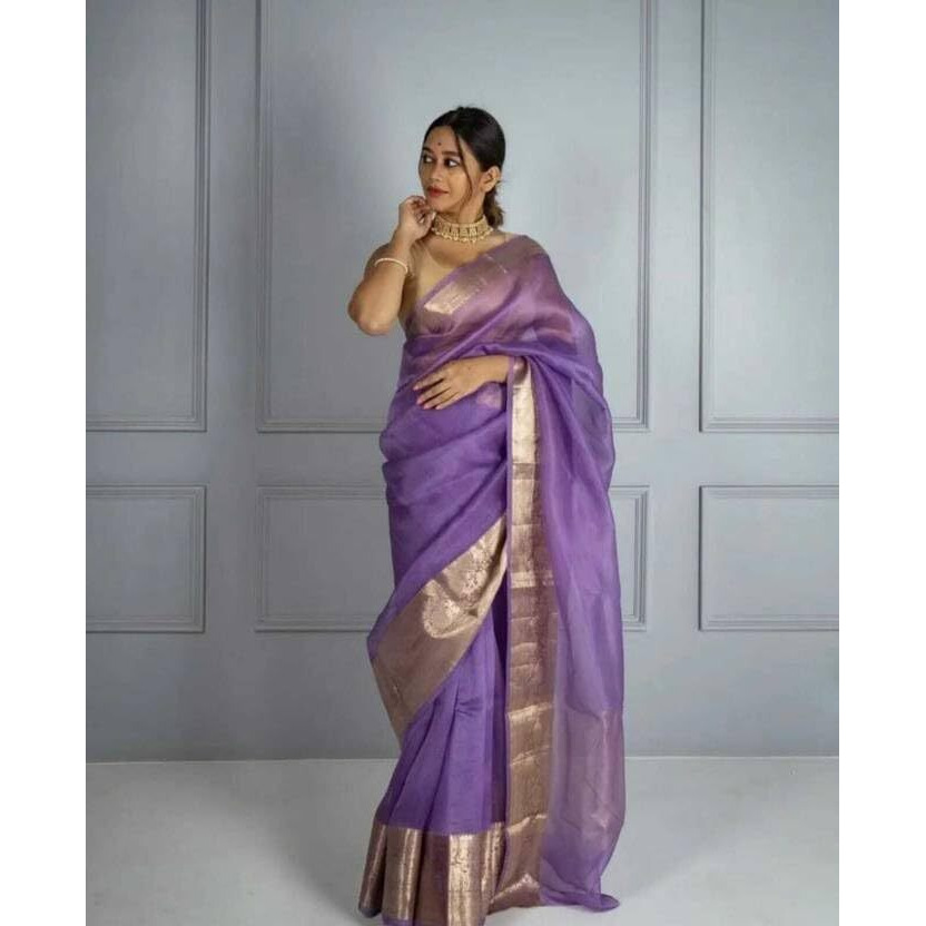 Yashika Women's Plain Organza Saree with Floral Woven Border and Unstitched Blouse Material (AZ-YS-OG1-ORGANZA Voilet