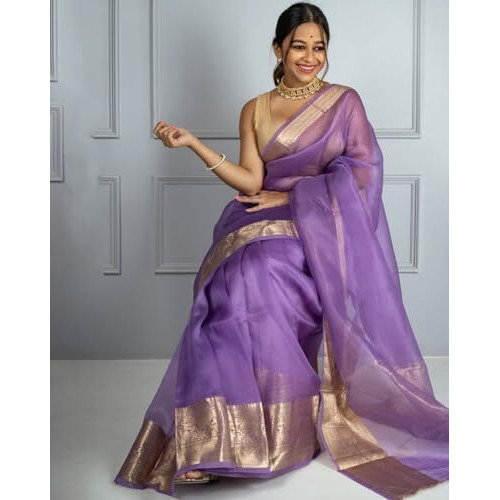 Yashika Women's Plain Organza Saree with Floral Woven Border and Unstitched Blouse Material (AZ-YS-OG1-ORGANZA Voilet