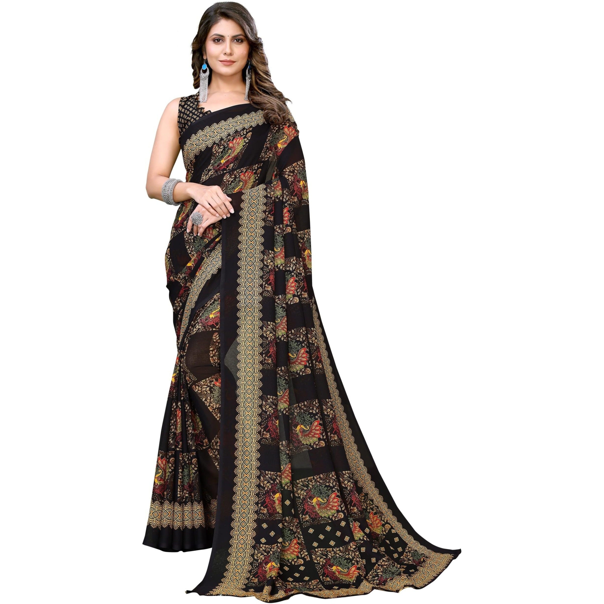 Yashika Women's Trendy Printed Georgette Black Color Saree with Blouse Material(RAMBHA BLACK)