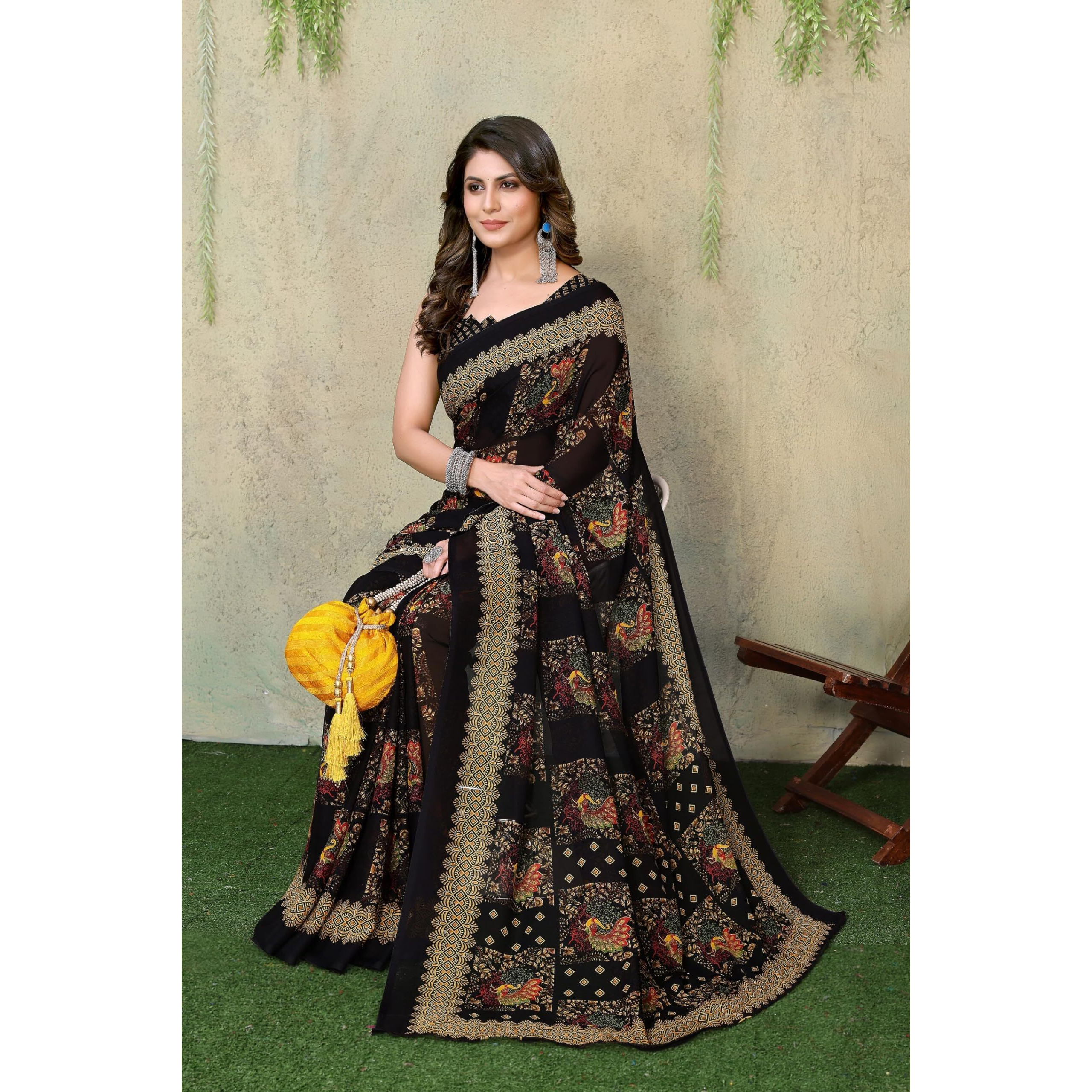 Yashika Women's Trendy Printed Georgette Black Color Saree with Blouse Material(RAMBHA BLACK)
