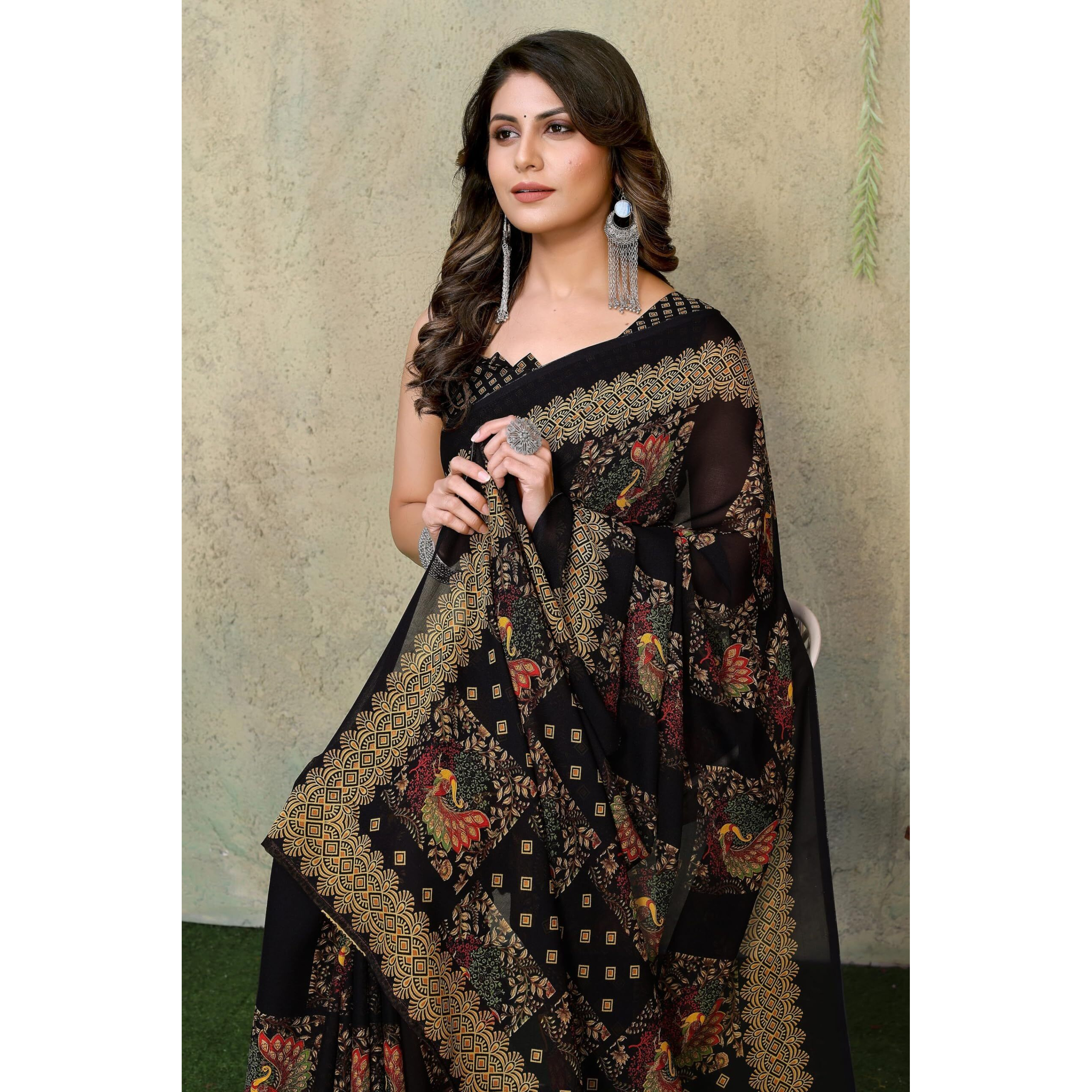 Yashika Women's Trendy Printed Georgette Black Color Saree with Blouse Material(RAMBHA BLACK)