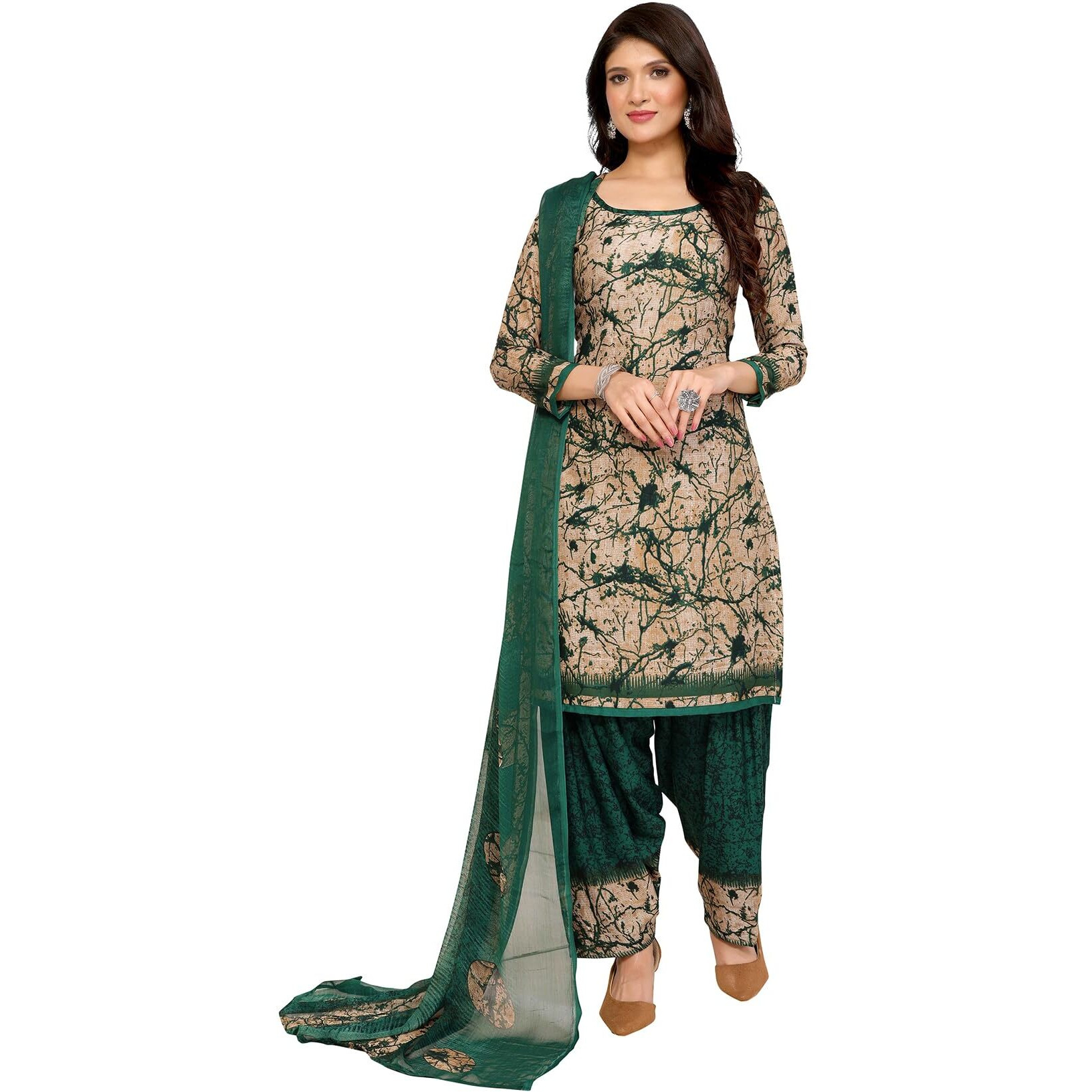 Yashika Women's Printed Dress Material - Unstitched Crepe Fabric Kurti, Pants & Dupatta Set (AZ-YS-P1-ADDA GREEN)