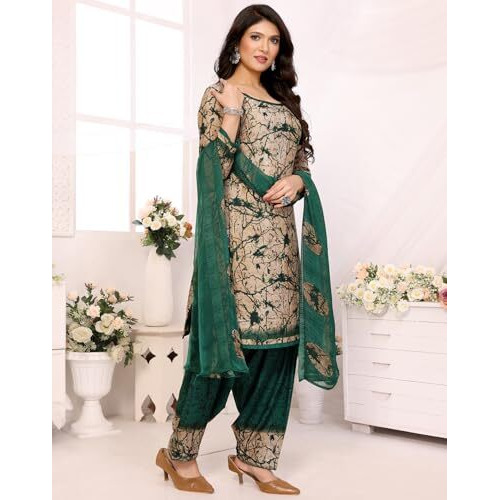 Yashika Women's Printed Dress Material - Unstitched Crepe Fabric Kurti, Pants & Dupatta Set (AZ-YS-P1-ADDA GREEN)