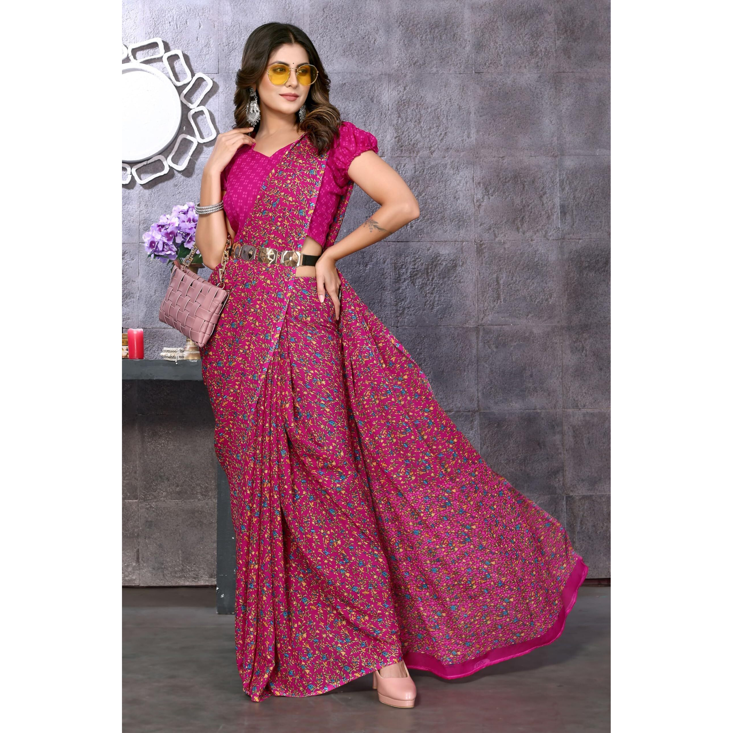 Yashika Women's Trendy Georgette Pink Color Saree with Blouse Material(SAHITA PINK)