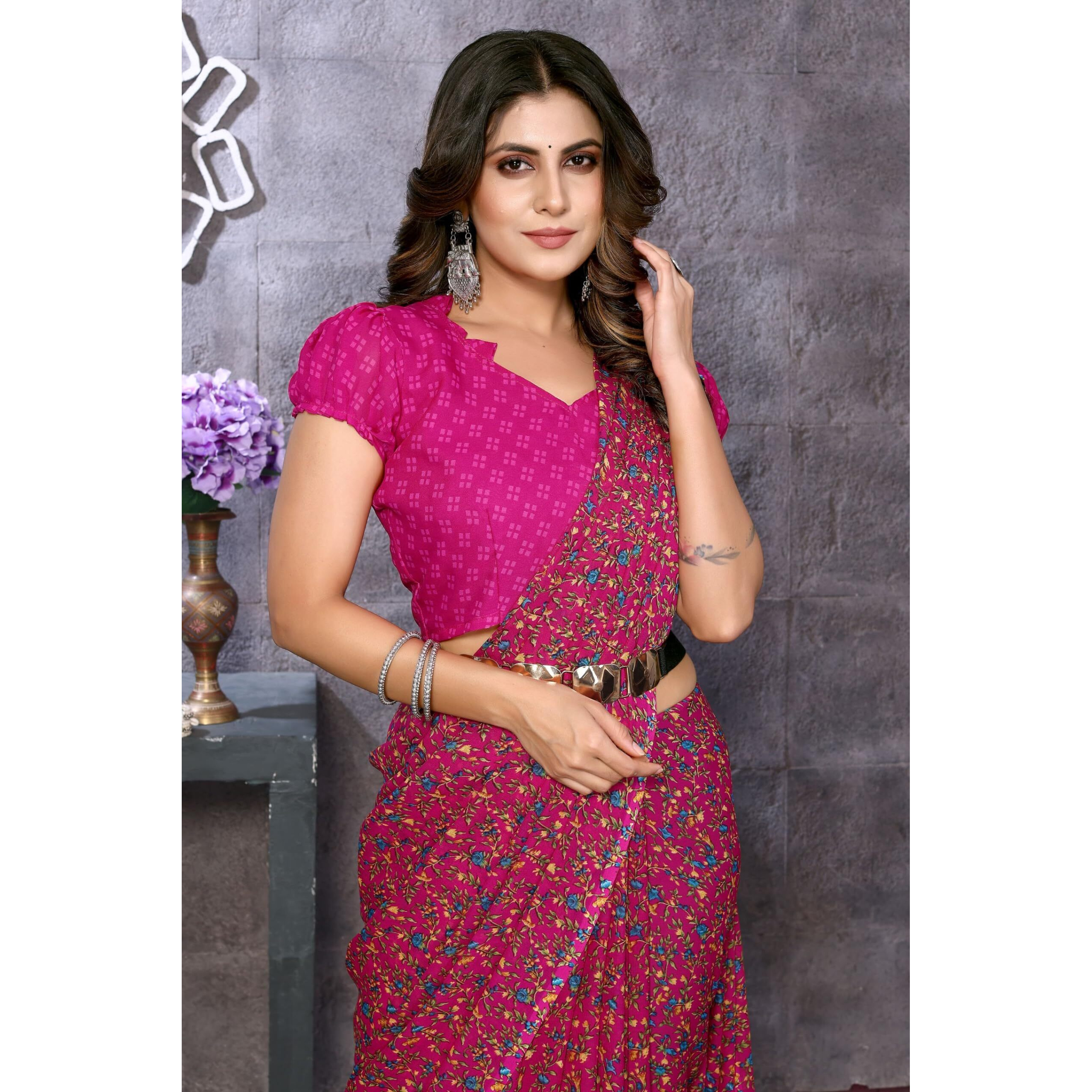 Yashika Women's Trendy Georgette Pink Color Saree with Blouse Material(SAHITA PINK)