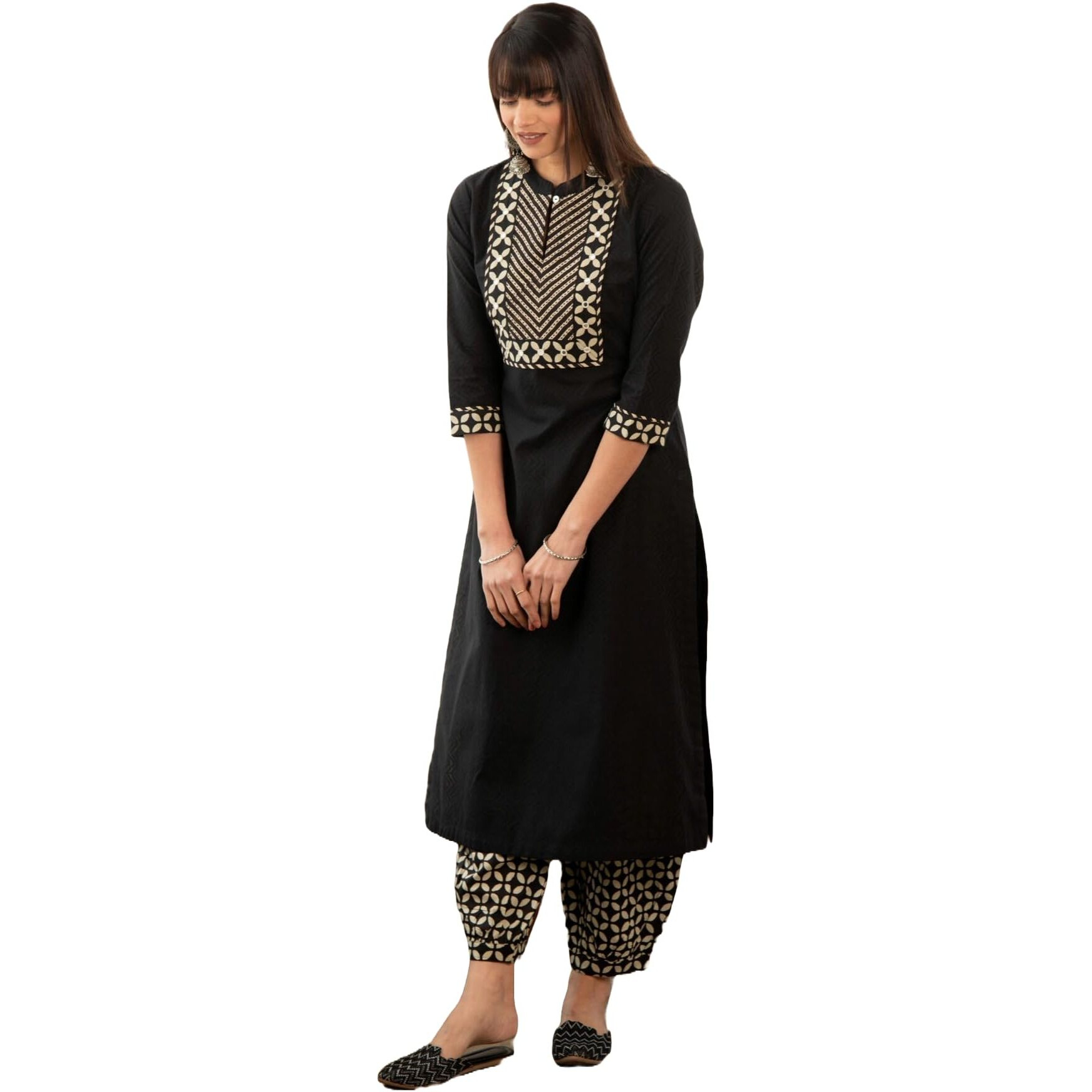 Yashika Women's Floral Regular 3/4 Sleeve Solid Black Color Kurti Pant Set, Cotton Blend, Knee Length, Stylish Ethnic Outfit, Office, and Casual Occasions (AZ-YS-OG1-KS2164-Parent M)
