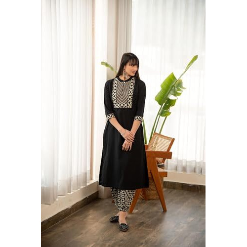 Yashika Women's Floral Regular 3/4 Sleeve Solid Black Color Kurti Pant Set, Cotton Blend, Knee Length, Stylish Ethnic Outfit, Office, and Casual Occasions (AZ-YS-OG1-KS2164-Parent M)