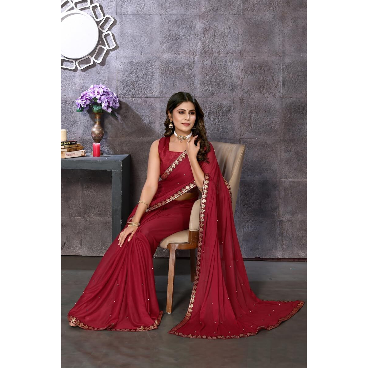 Yashika Women's Trendy Lycra Blend Maroon Color Saree with Blouse Material(AARIYA MAROON)