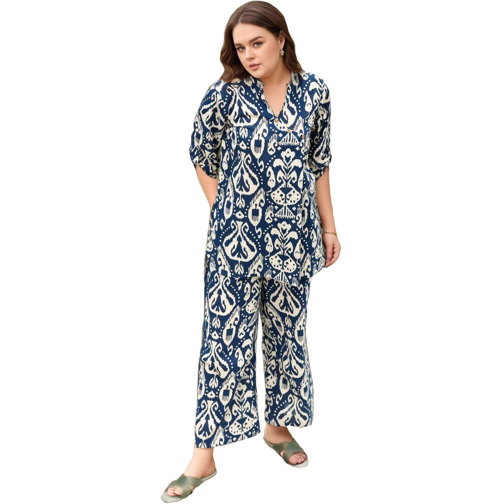 ANNI DESIGNER Women's Cotton Blend Mid Thigh Printed Co-Ord Set (J111 Blue Co-Ord_S_Blue_Small)