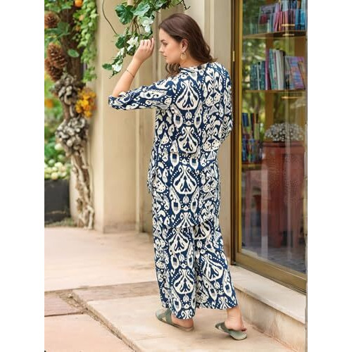 ANNI DESIGNER Women's Cotton Blend Mid Thigh Printed Co-Ord Set (J111 Blue Co-Ord_S_Blue_Small)