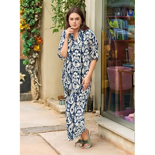ANNI DESIGNER Women's Cotton Blend Mid Thigh Printed Co-Ord Set (J111 Blue Co-Ord_S_Blue_Small)