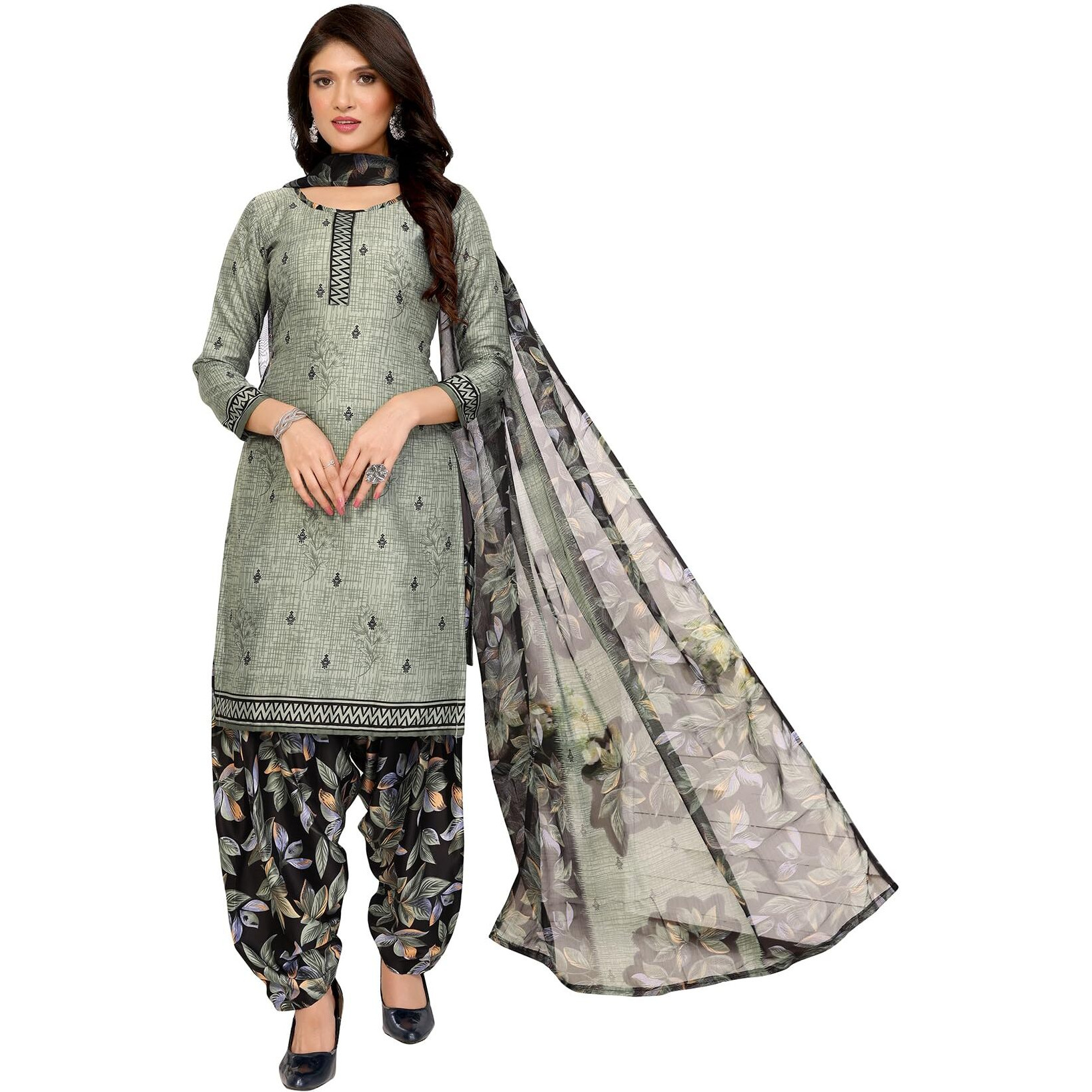 Yashika Women's Printed Dress Material - Unstitched Crepe Fabric Kurti, Pants & Dupatta Set (AZ-YS-P1-SUKI MEHNDI)
