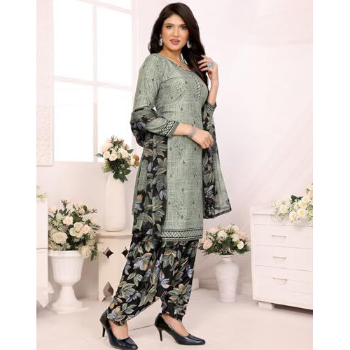 Yashika Women's Printed Dress Material - Unstitched Crepe Fabric Kurti, Pants & Dupatta Set (AZ-YS-P1-SUKI MEHNDI)