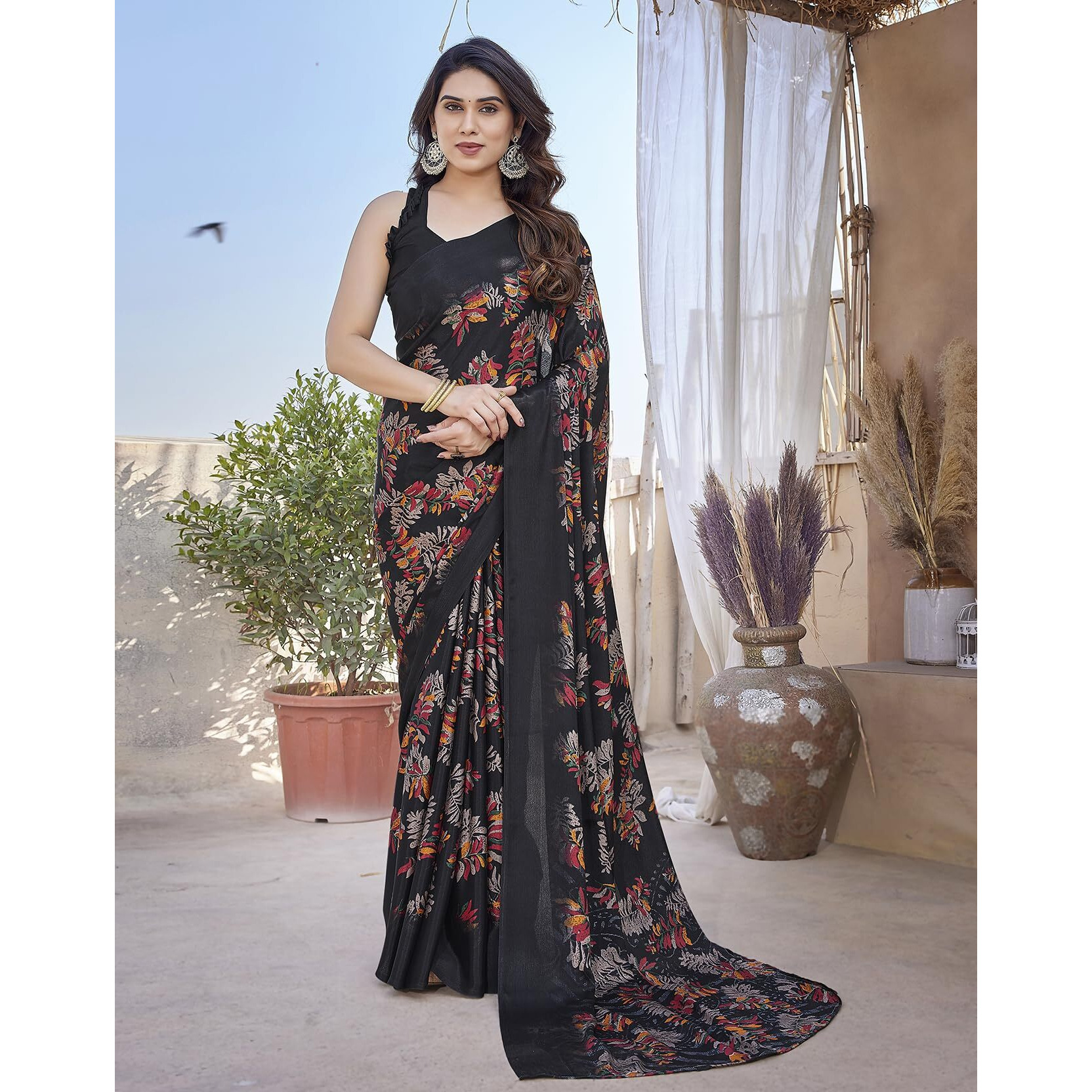 Yashika Women's Elegant Chiffon Saree Set with Matching Blouse - Unveiling Timeless Style and Grace in Every Draped Detail Perfect for Special Occasions (AZ-YS-P1-SHALINI BLACK)