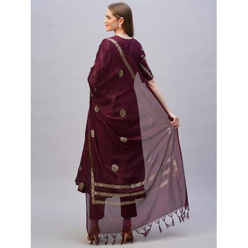 ANNI DESIGNER Women's Rayon Blend Printed Anarkali Kurta with Pant & Dupatta (Berlin Wine-NB_S_Wine_Small)