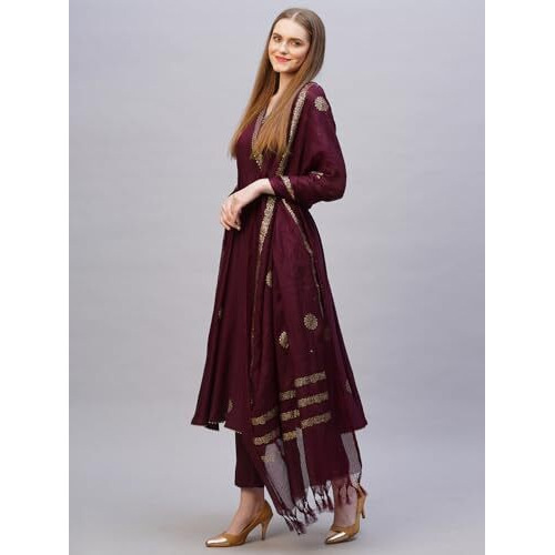 ANNI DESIGNER Women's Rayon Blend Printed Anarkali Kurta with Pant & Dupatta (Berlin Wine-NB_S_Wine_Small)