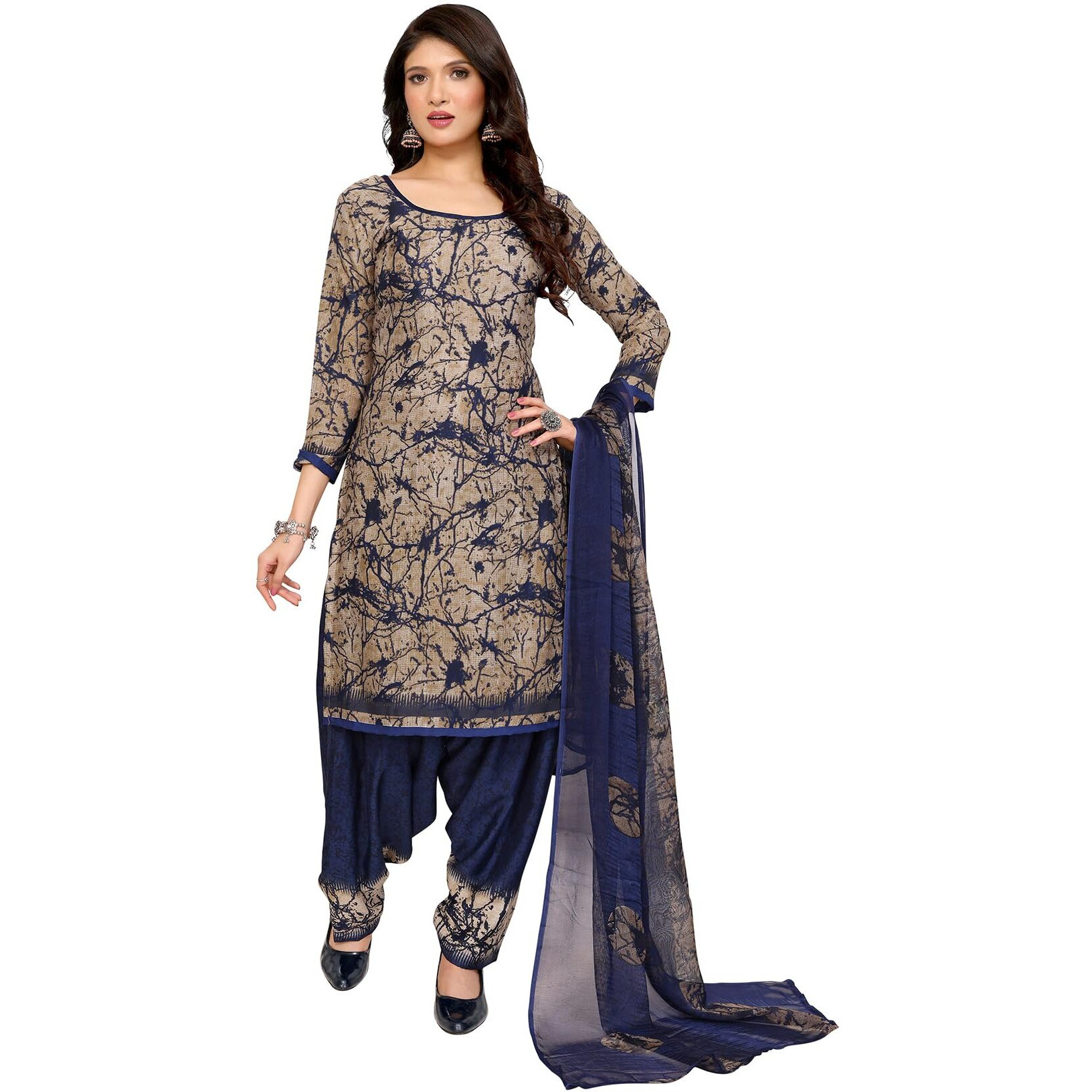 Yashika Women's Printed Dress Material - Unstitched Crepe Fabric Kurti, Pants & Dupatta Set (AZ-YS-P1-ADDA BLUE)