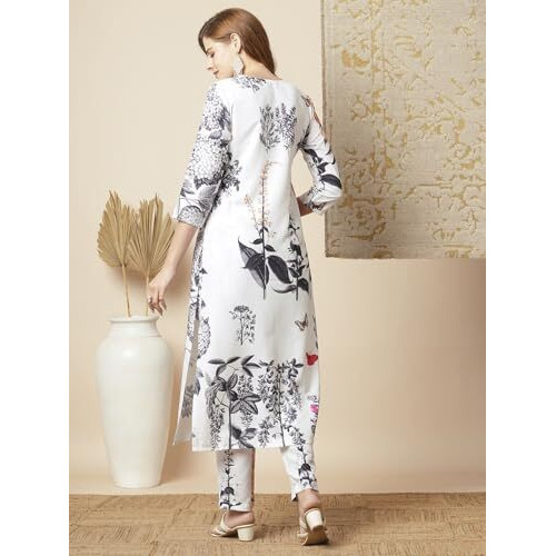 ANNI DESIGNER Women's Rayon Blend Straight Printed Kurta with Pant (Satyapra White_XXL_White_XX-Large)