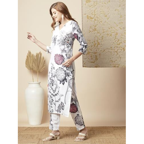 ANNI DESIGNER Women's Rayon Blend Straight Printed Kurta with Pant (Satyapra White_XXL_White_XX-Large)