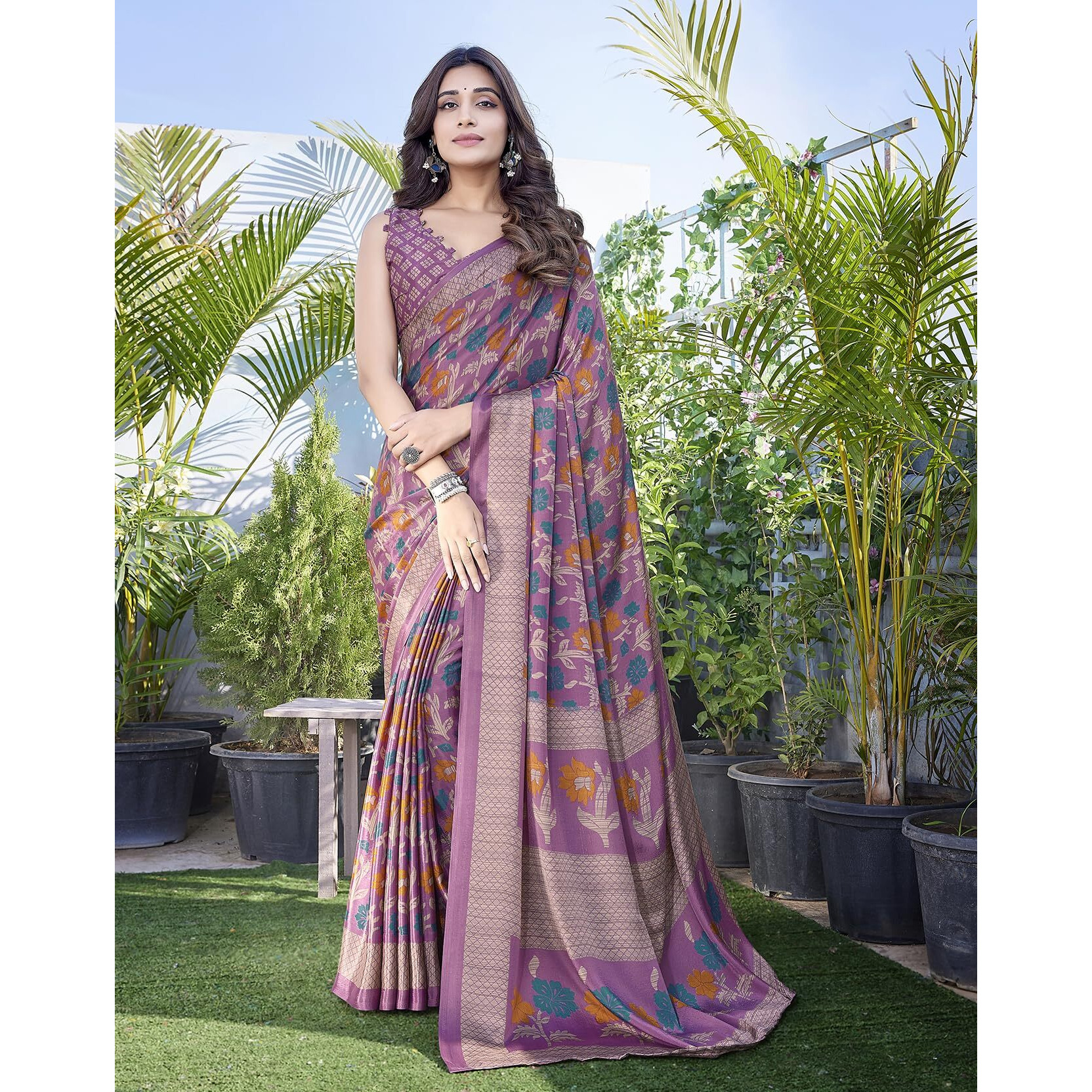 Yashika Elegant Chiffon Saree Set with Blouse - Embrace Trendy Style Perfectly crafted for modern women (AZ-YS-P1-NEELA PURPLE)
