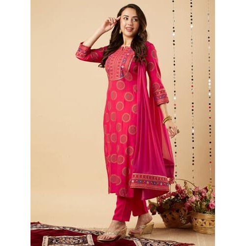 ANNI DESIGNER Women's Cotton Blend Straight Printed Kurta with Pant & Dupatta (NOV-Pink-NSW_XL_Pink_X-Large)