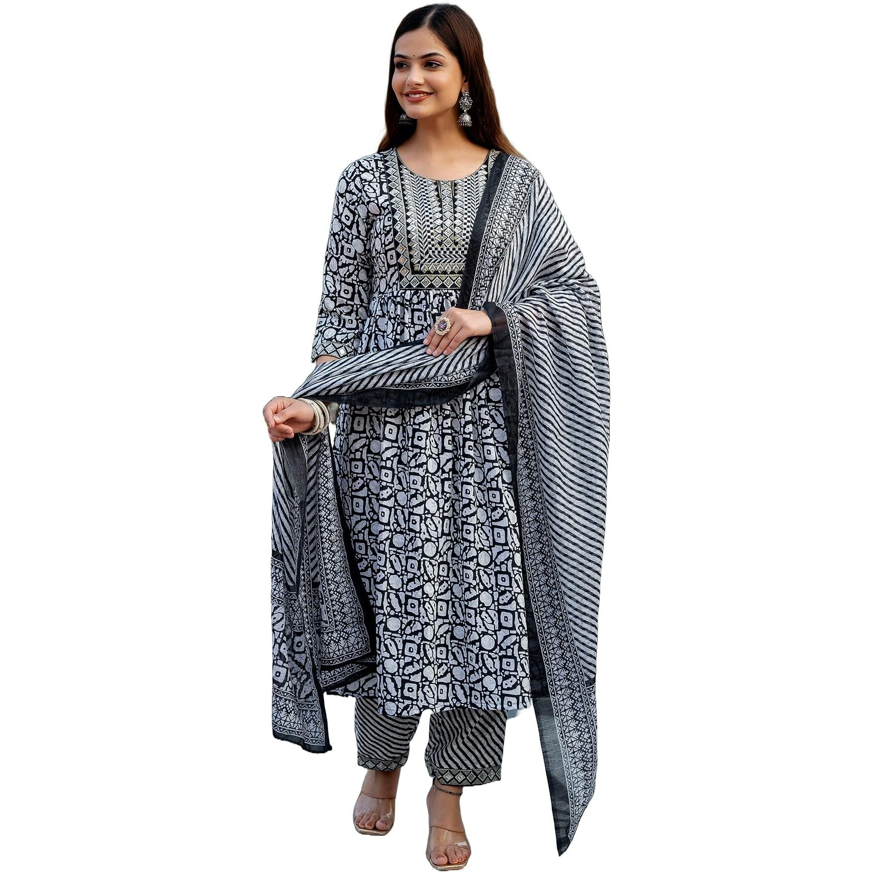 KLOSIA Women Embroidered Kurta and Pant Set with Dupatta (X-Large) Grey
