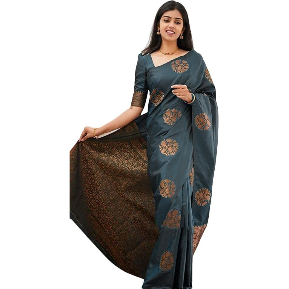 Yashika Women's Trendy Cotton Silk White Color Saree with Blouse Material (Grey)