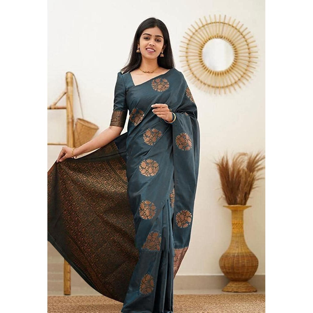 Yashika Women's Trendy Cotton Silk White Color Saree with Blouse Material (Grey)