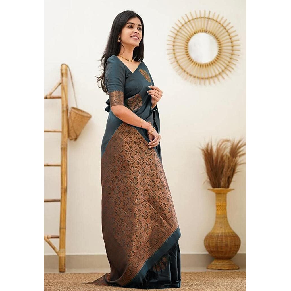Yashika Women's Trendy Cotton Silk White Color Saree with Blouse Material (Grey)