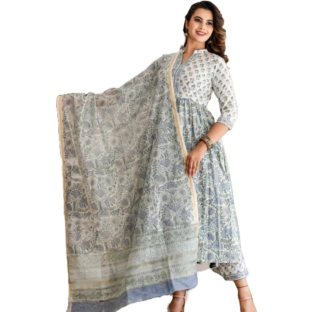 KLOSIA Women Block Printed Anarkali Kurta and Pant Set with Printed Dupatta (Medium)