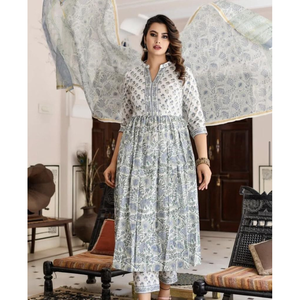 KLOSIA Women Block Printed Anarkali Kurta and Pant Set with Printed Dupatta (Medium)