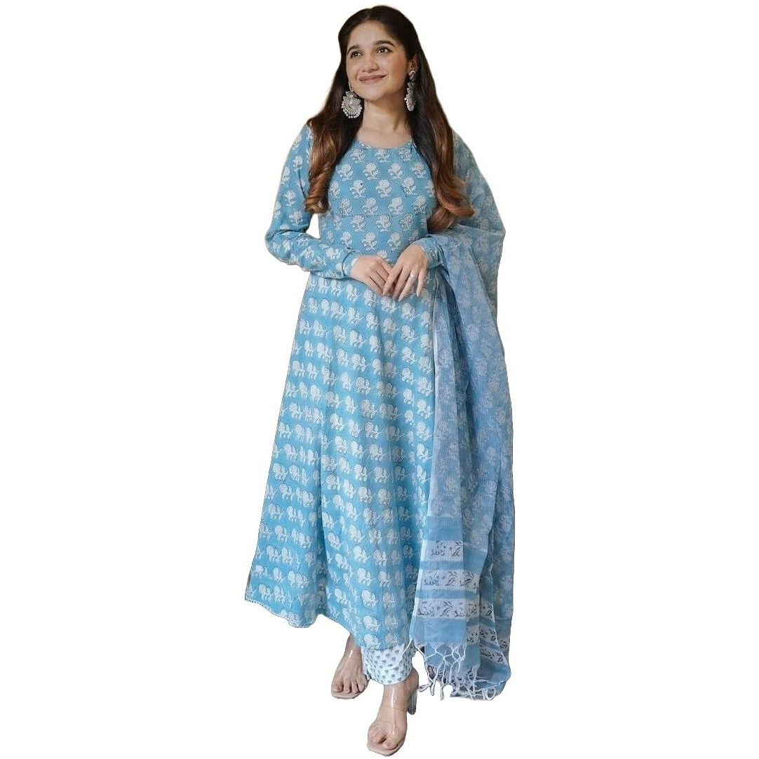 KLOSIA Women Flared Anarkali Kurta and Pant Set with Dupatta (in, Alpha, M, SkyBlue)