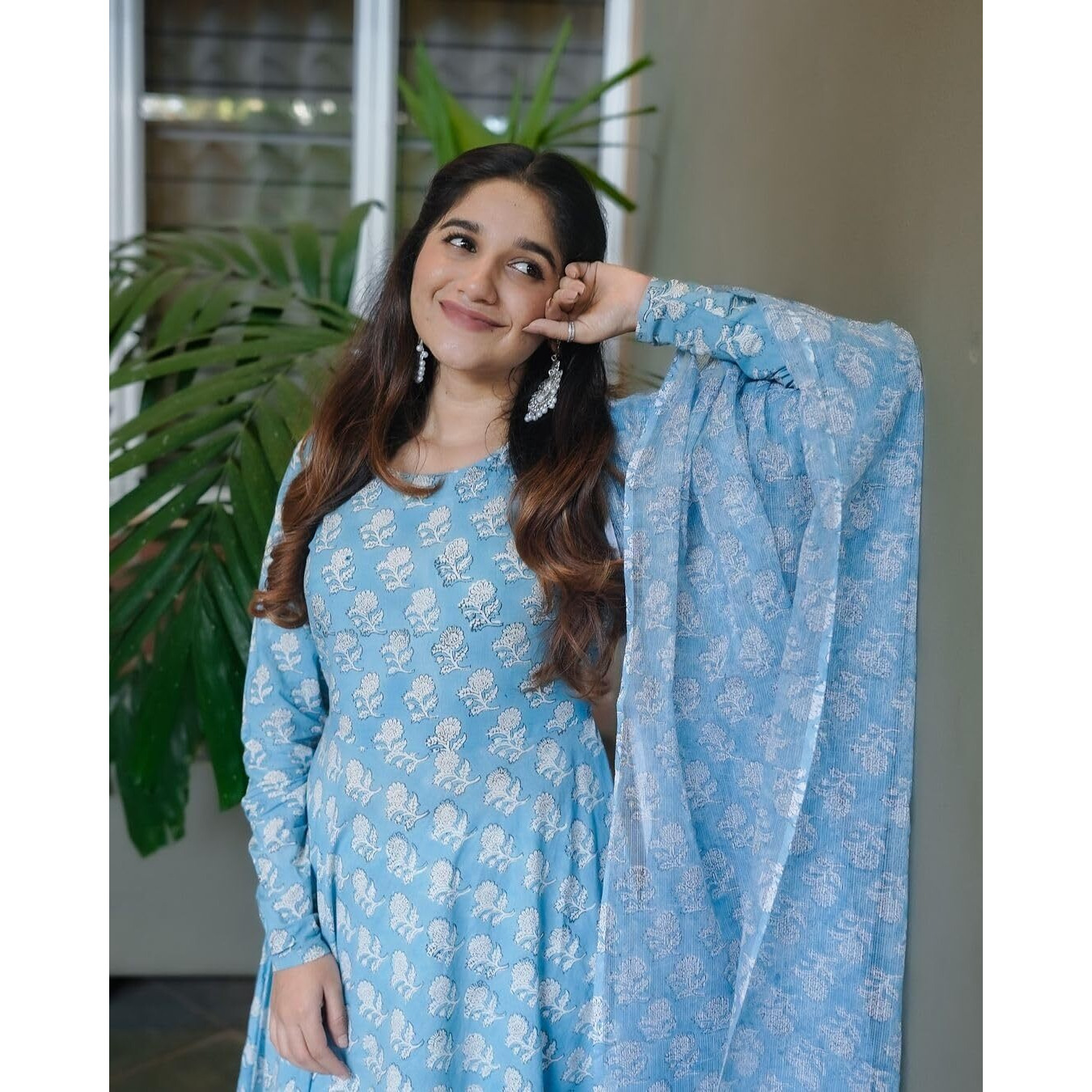KLOSIA Women Flared Anarkali Kurta and Pant Set with Dupatta (in, Alpha, M, SkyBlue)