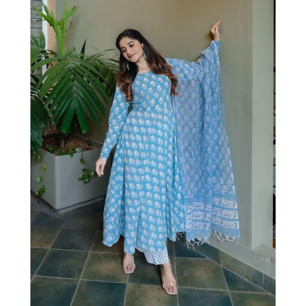 KLOSIA Women Flared Anarkali Kurta and Pant Set with Dupatta (in, Alpha, M, SkyBlue)