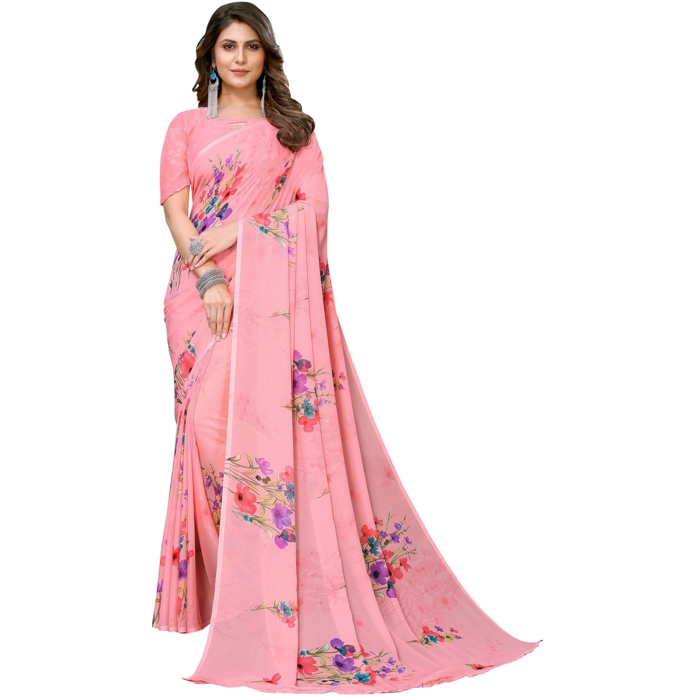 Yashika Women's Trendy Printed Georgette Pink Color Saree with Blouse Material(VINITA PINK)