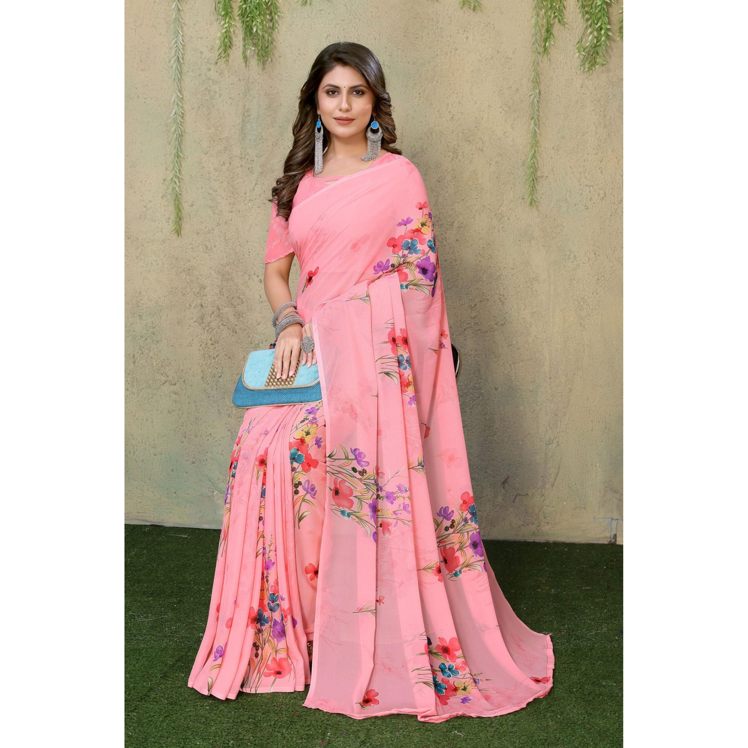 Yashika Women's Trendy Printed Georgette Pink Color Saree with Blouse Material(VINITA PINK)