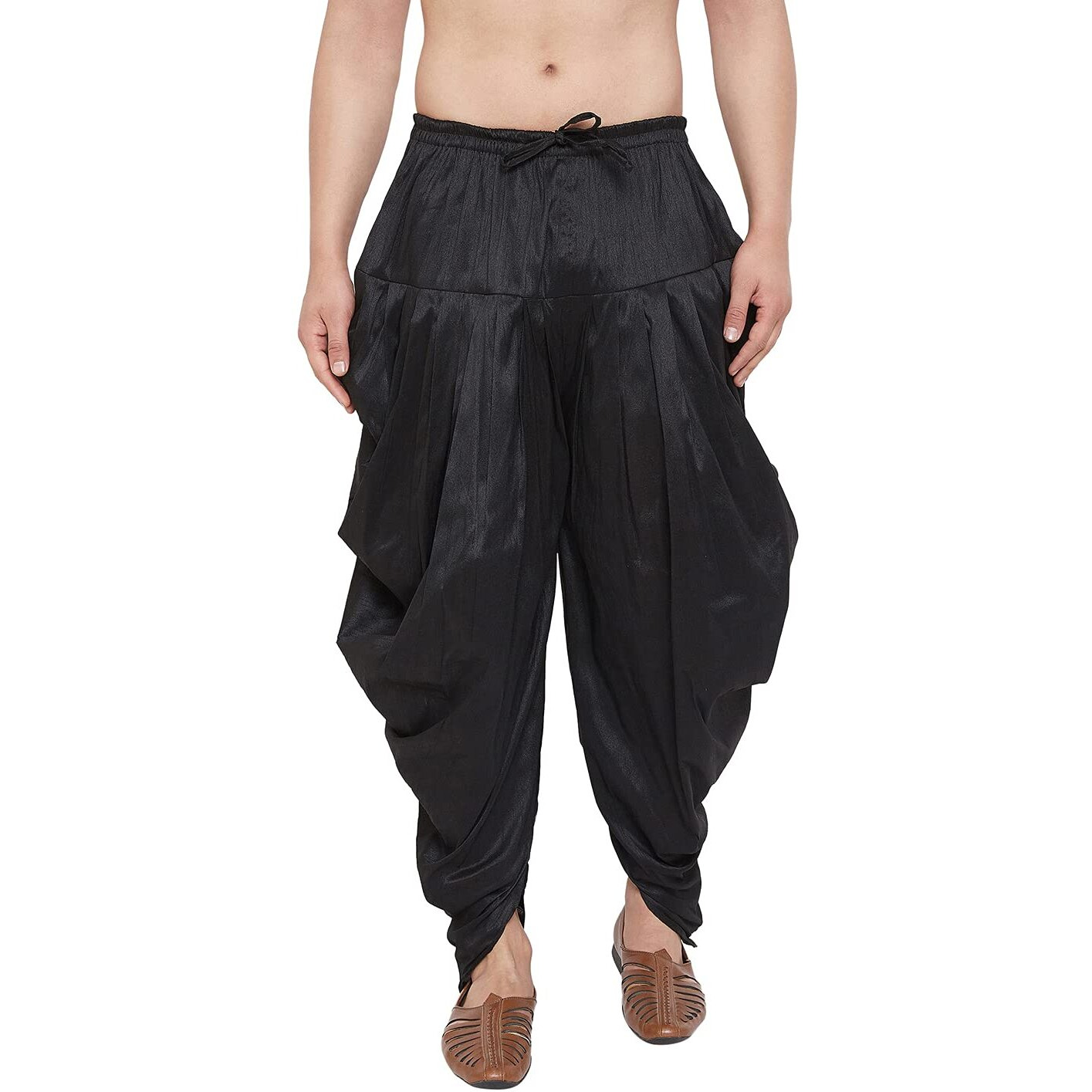 VASTRAMAY Men's Black Cowl Pattern Dhoti  Silk Blend Fabric  Stylish Ethnic Wear with Elasticated Waistband