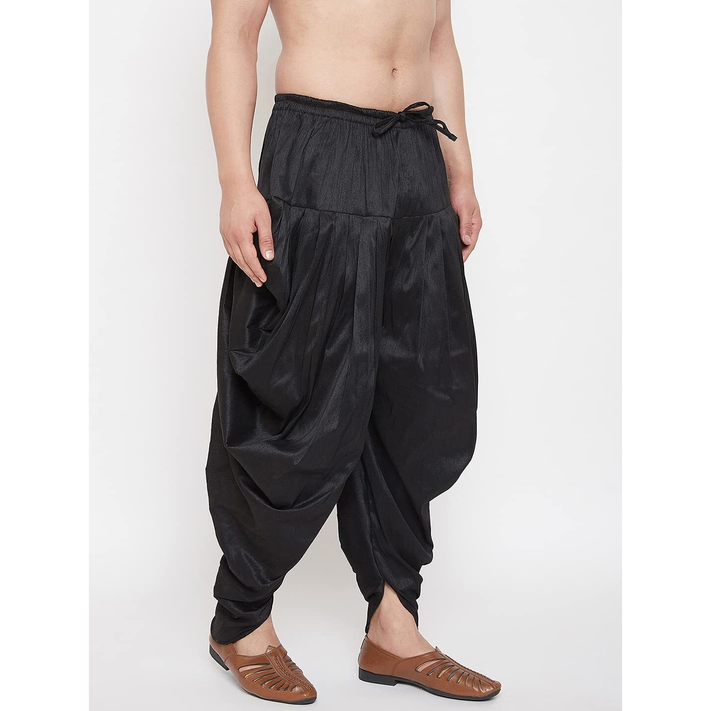 VASTRAMAY Men's Black Cowl Pattern Dhoti  Silk Blend Fabric  Stylish Ethnic Wear with Elasticated Waistband